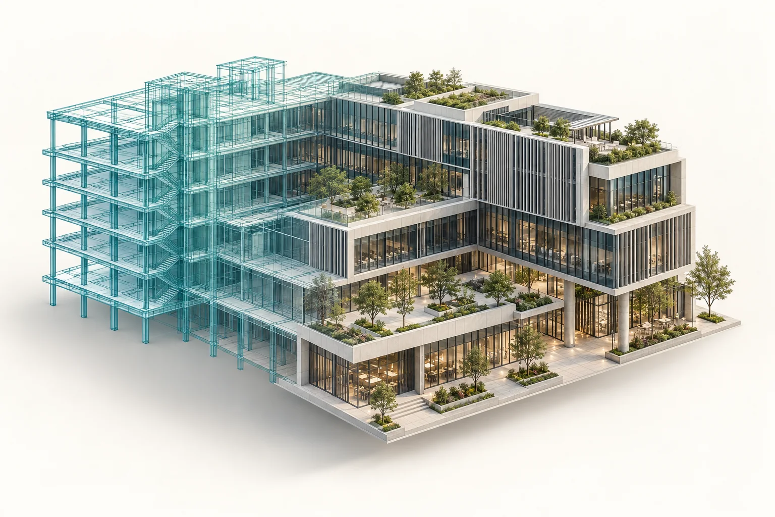 Original architectural concept transitioning from a teal structural wireframe to a finished contemporary building